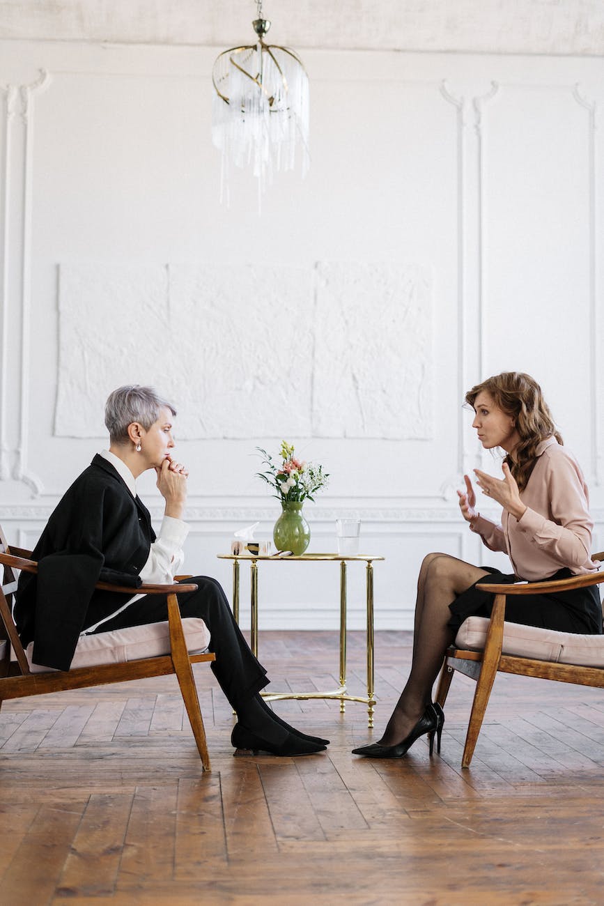 Two women in a grand room, sitting opposite each other in easy chairs, having a conversation.