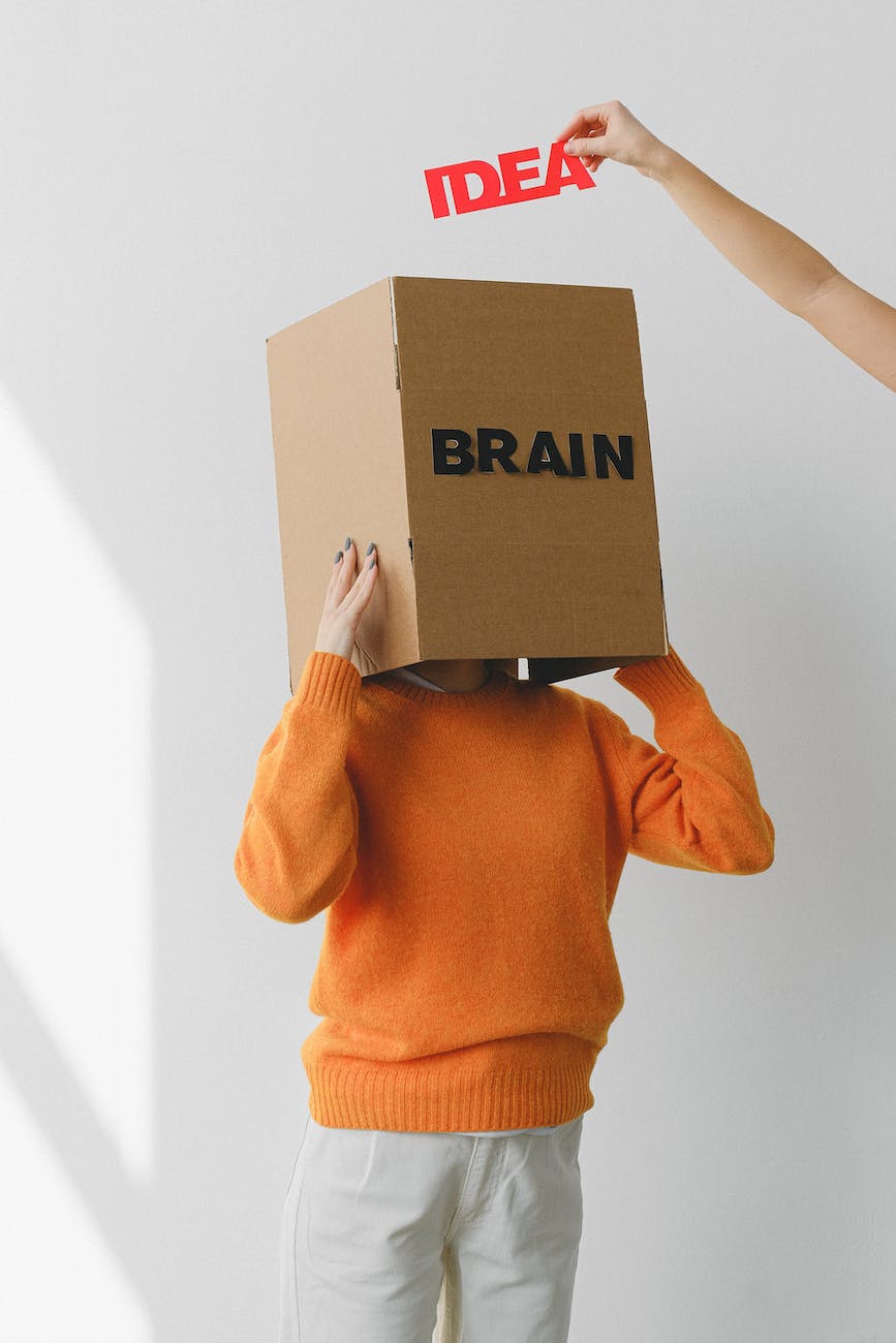 A woman with a large box on their head which says 'BRAIN'. Someone is holding the word 'IDEA' above the box.