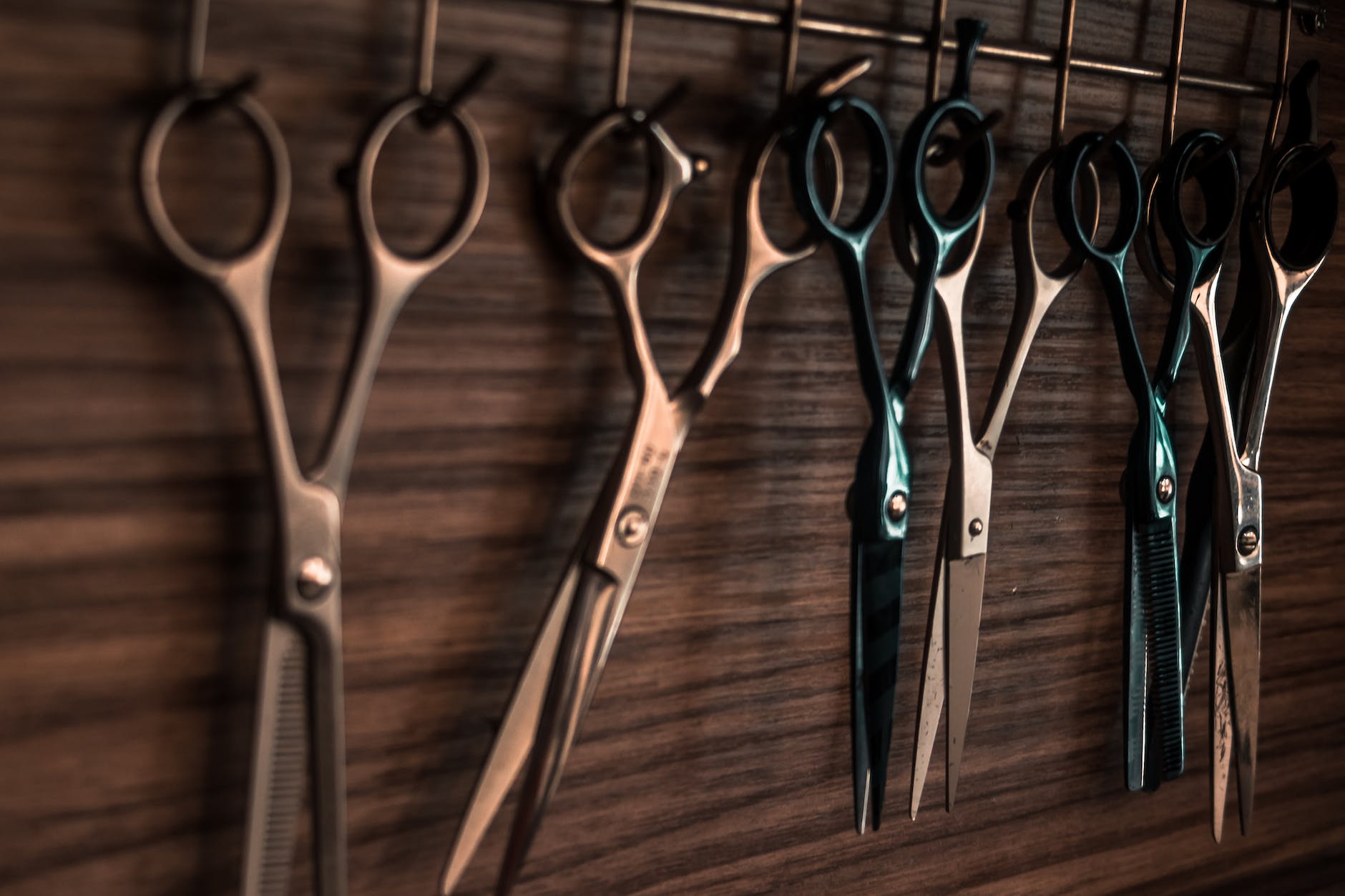 6 pairs of metal scissors hanging from a rack against a wooden wall.