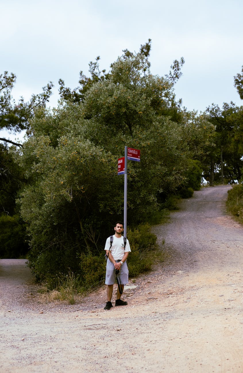 A man standing in front of a signpost on a rural path. The rod leads uphill one way and downhill the other.
