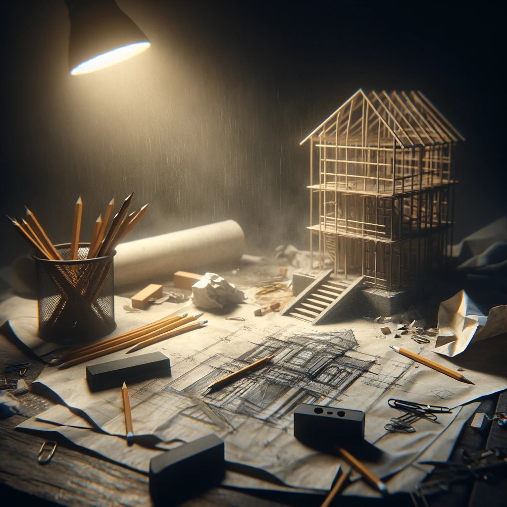 Here is an image depicting the concept of a failed plan. It visually represents the contrast between an ambitious blueprint and its unsuccessful realization.