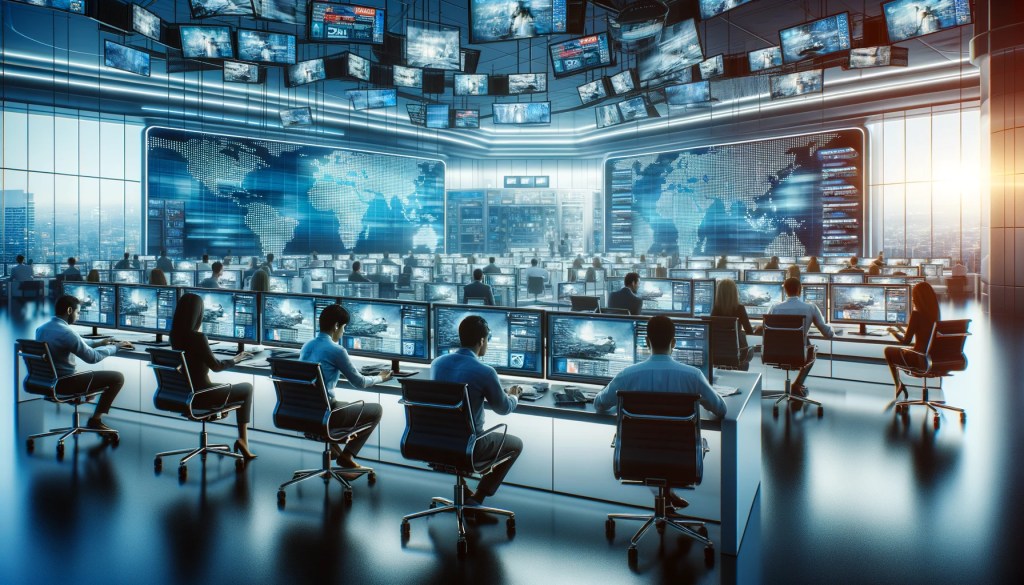 image depicting a modern, digital newsroom bustling with activity, embodying the concept of 'up to the minute and current'.