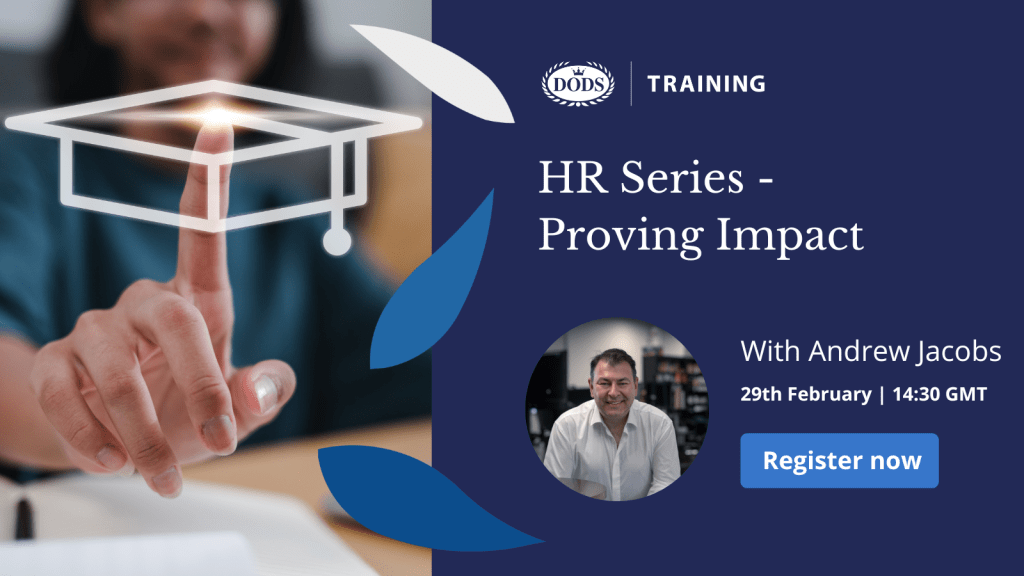 
The image is a promotional graphic for a training event. It features a logo, the title "HR Series - Proving Impact," a photo of a man named Andrew Jacobs, and details about the event, which is scheduled for 29th February at 14:30 GMT. There's a call to action button that says "Register now." A person's finger is virtually touching a stylized graduation cap icon, symbolizing education or training.