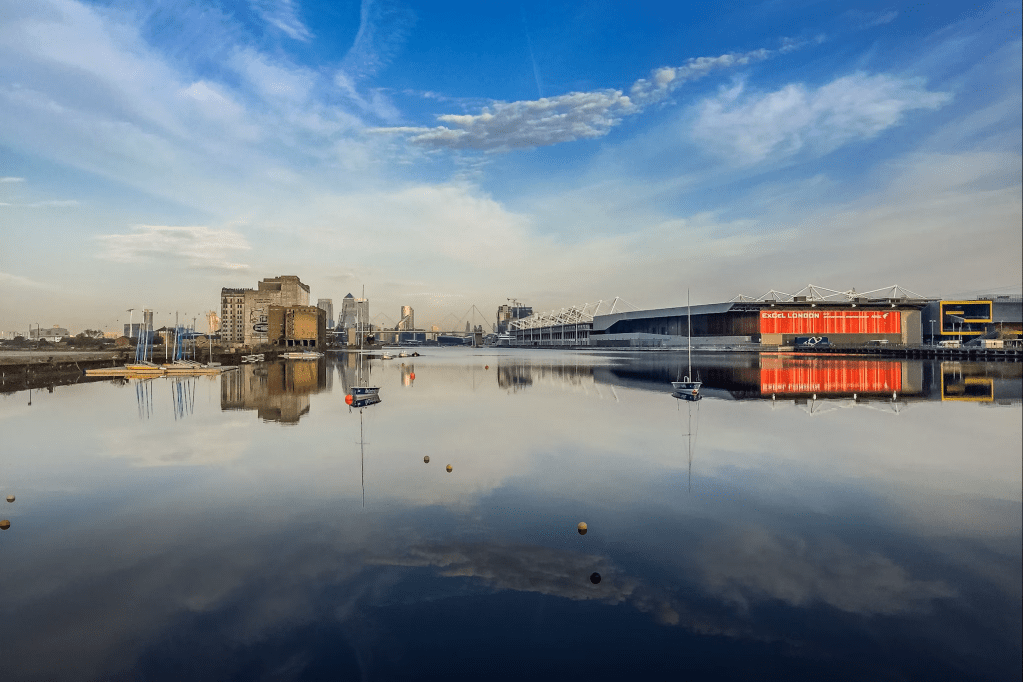 A very still and calm morning at London Docklands, creating a mirror reflection of London Excel