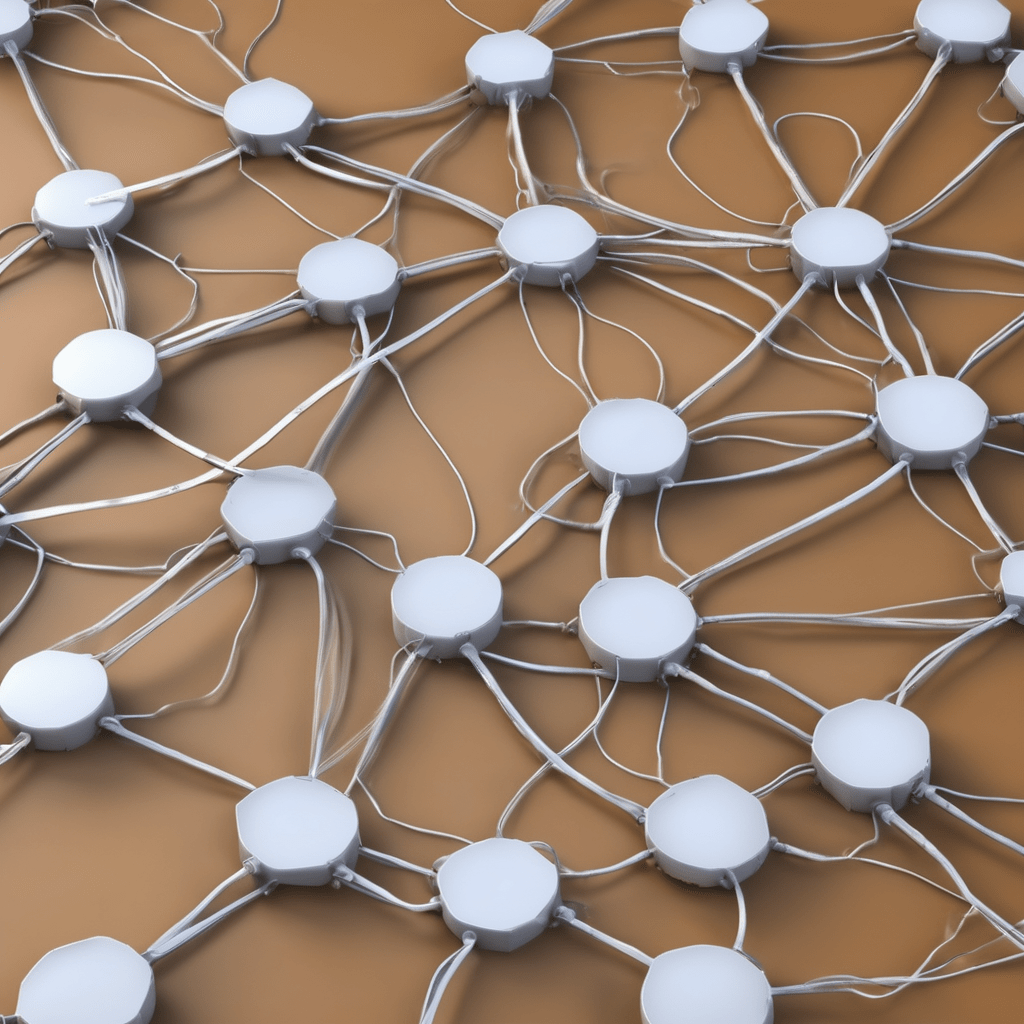 A network of interconnected white nodes on a brown background, resembling a neural network or complex web structure.