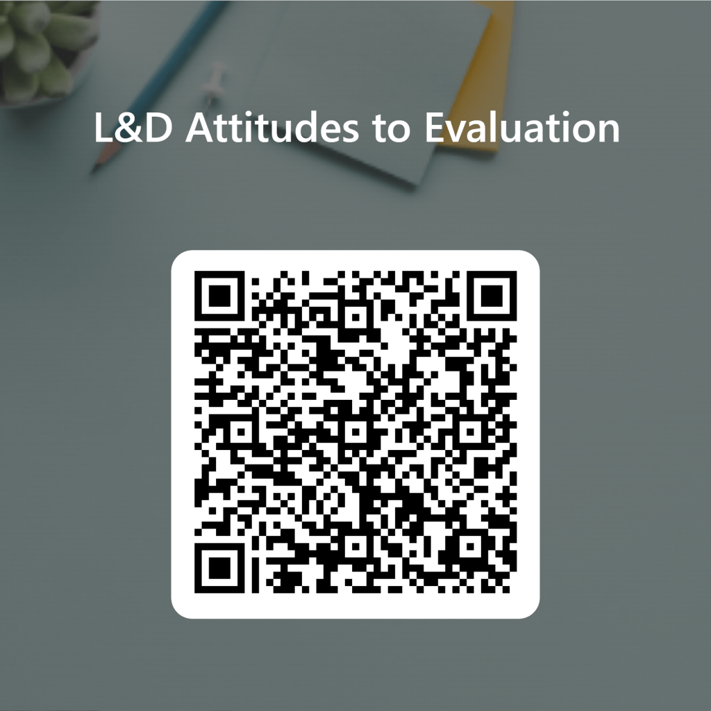 A QR code with the title "L&D Attitudes to Evaluation" above it