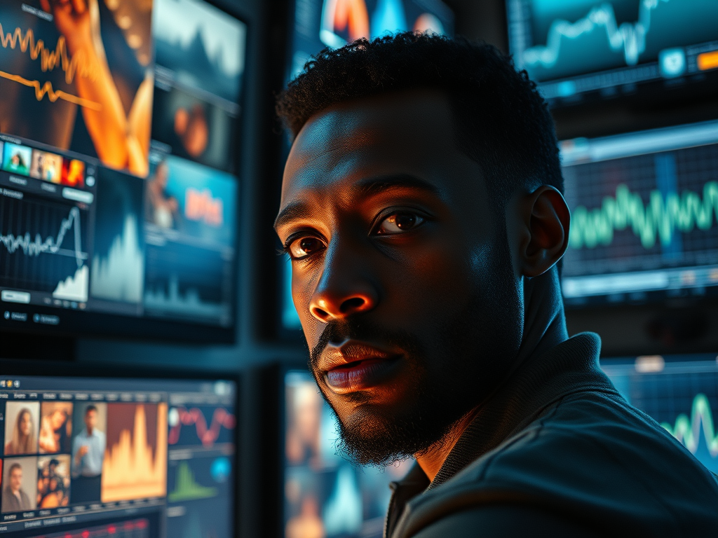 "Person in dramatic lighting looking at multiple screens displaying financial charts and data, illuminated by blue and orange glow from monitors"