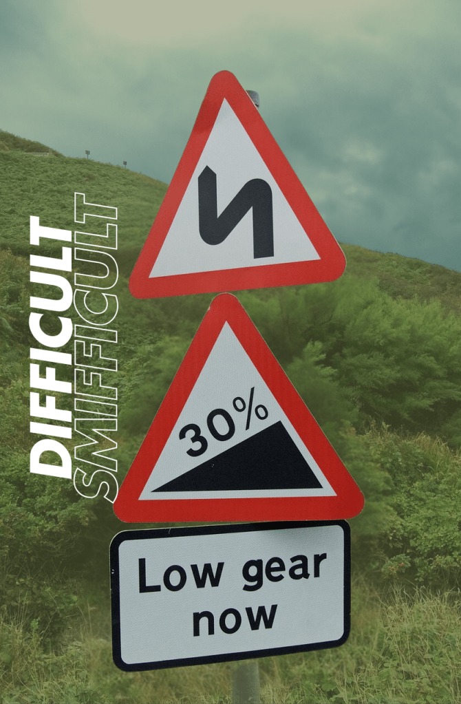 A road sign shows a sharp turn warning, a 30% steep incline, and the text "Low gear now," with "DIFFICULT" and "SMIFFICULT" in stylized text on the side.