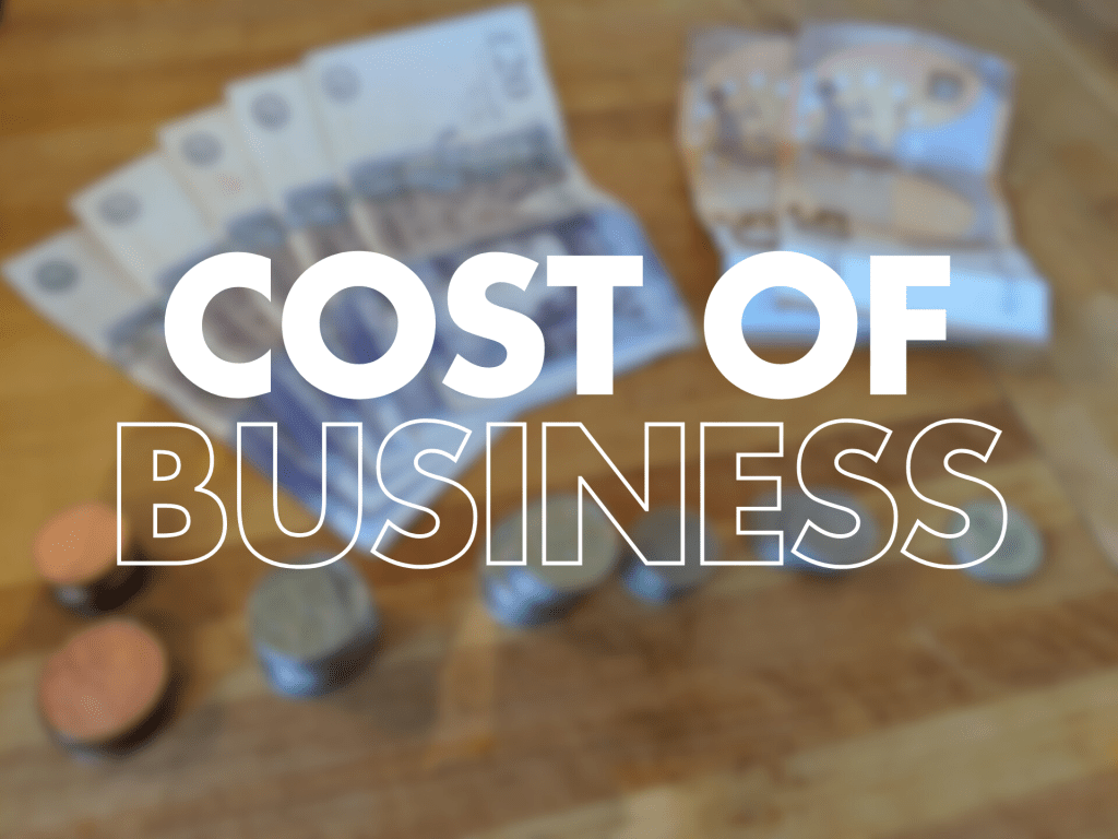 The image shows various coins and banknotes laid out on a wooden surface, with the phrase "COST OF BUSINESS" in bold white text overlaying the scene