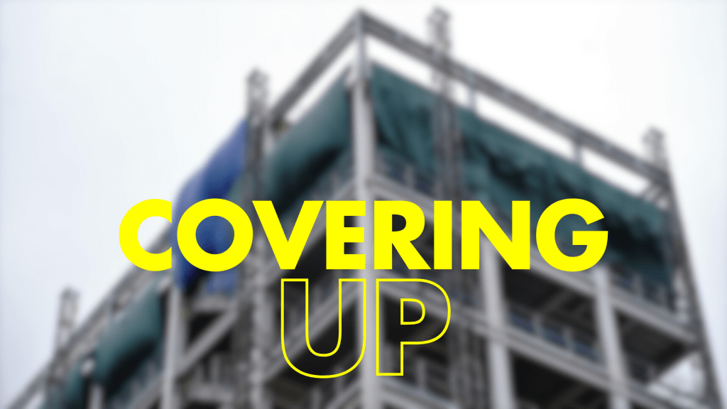 This image shows text reading "COVERING UP" with a blurred building in the background. "COVERING" appears in solid yellow letters while "UP" is shown in yellow outline style. 