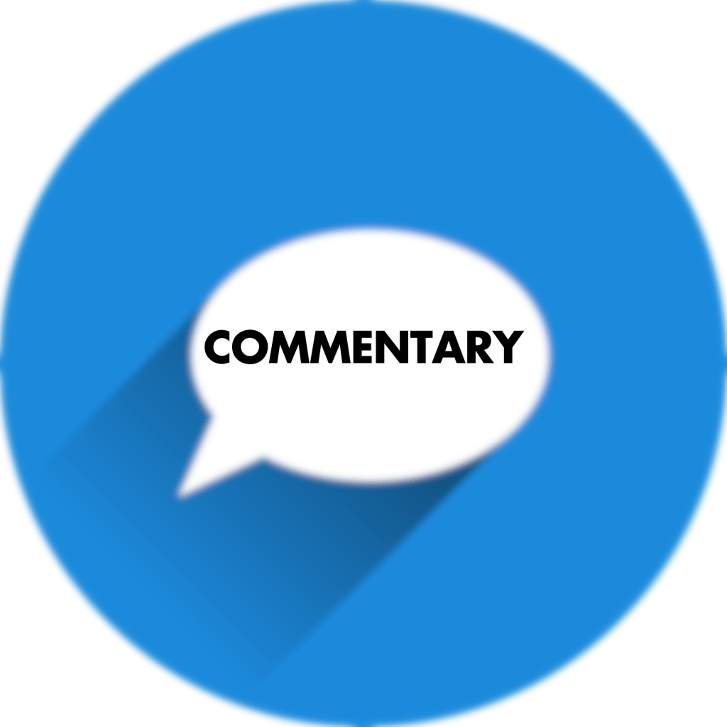 A blue circle with a white speech bubble in the center containing the word "COMMENTARY" in black text. The speech bubble has a dark shadow underneath, suggesting it is slightly raised or embossed. The image is on a white background.