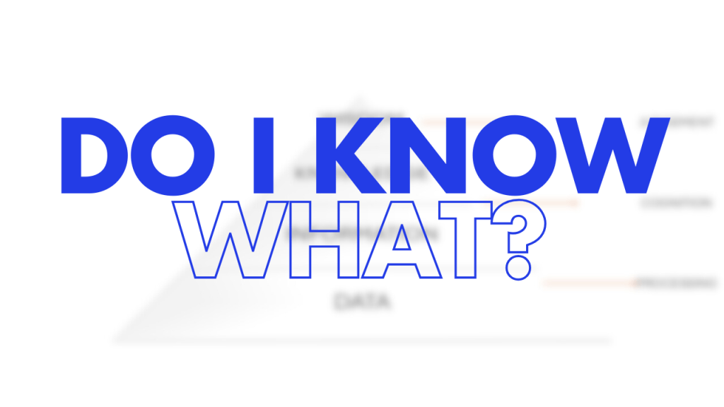 "Bold blue text that reads 'DO I KNOW WHAT?' against a white background. The phrase 'DO I KNOW' appears in solid blue capital letters, while 'WHAT?' is displayed in outlined blue capital letters with a question mark."
