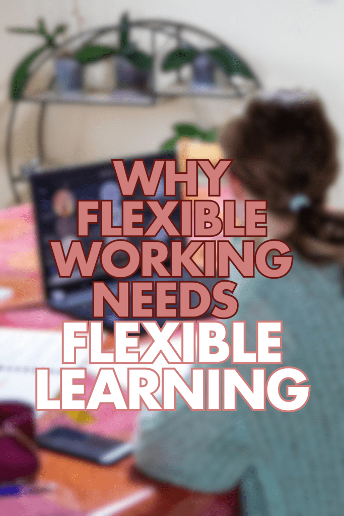 A blurred image of a person working at a desk with a laptop, featuring the words "WHY FLEXIBLE WORKING NEEDS FLEXIBLE LEARNING" prominently displayed in large, bold mauve text.

