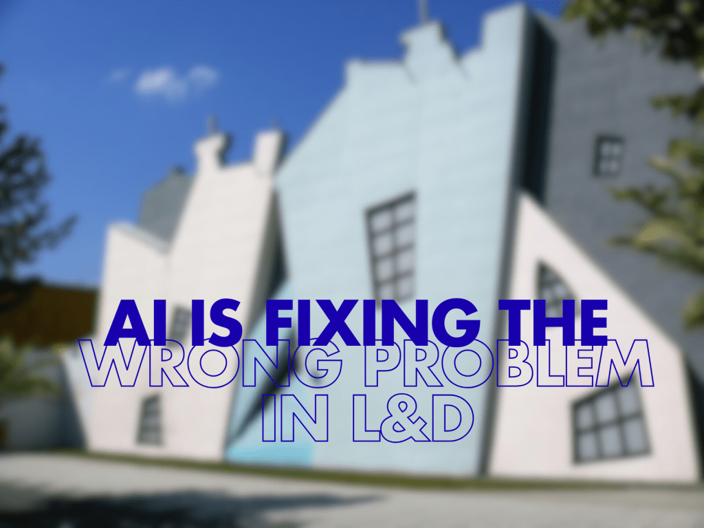 A surreal, lopsided building with tilted walls and windows, symbolising an imbalanced learning system focused on content over practice, feedback, reflection and transfer.
