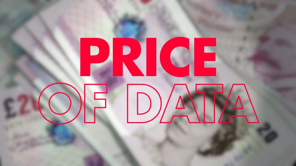 A blurred image of British banknotes, featuring the words "PRICE OF DATA" prominently displayed in large, bold red text.