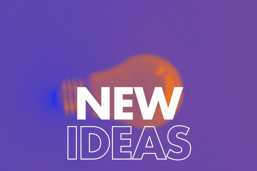 An abstract image of a light bulb softly illuminated against a gradient purple background. The phrase "NEW IDEAS" is prominently displayed in bold white text.