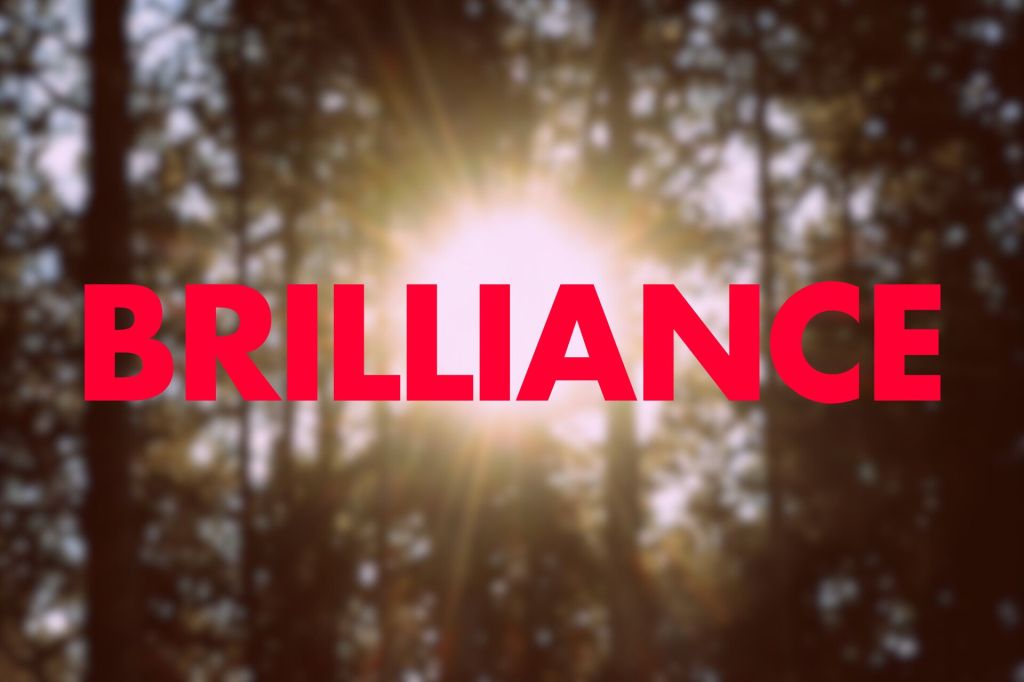 The image features the word "BRILLIANCE" in bold red text, set against a blurred background of trees with sunlight filtering through. 