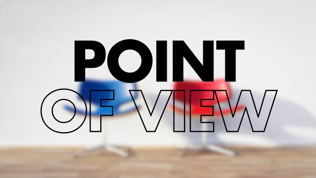 The image shows two chairs, one blue and one red, with the phrase "POINT OF VIEW" in bold text overlaying it. The background is minimalistic, focusing on the vibrant chairs.