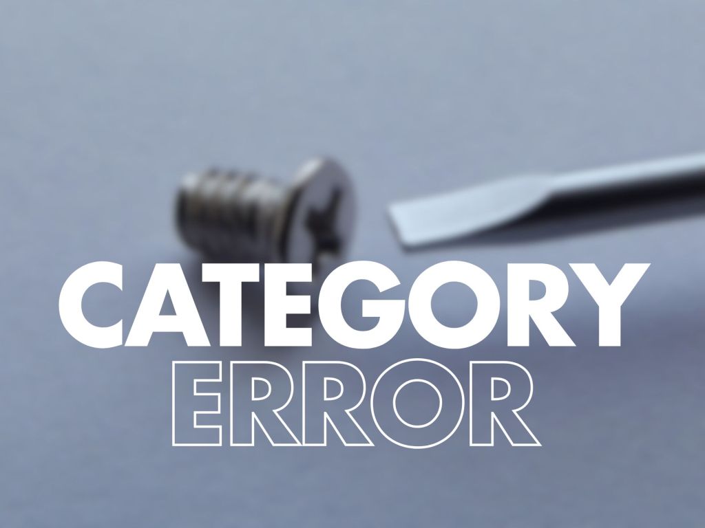 The image showcases a blurred background featuring a screw and a flat-head screwdriver. Overlayed are the words "CATEGORY ERROR" in bold, white typography. The design combines the visual elements of the tools with a thought-provoking phrase, suggesting a theme of mismatches or misclassifications. The contrast between the blurred object and the clear text emphasises the message.

