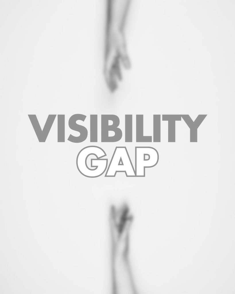 The image features a minimalist design with a soft, blurred background and two hands reaching toward each other. Prominently displayed in the center is the text "VISIBILITY GAP," with "VISIBILITY" in bold gray and "GAP" in a bolder white font, creating a striking visual contrast. 