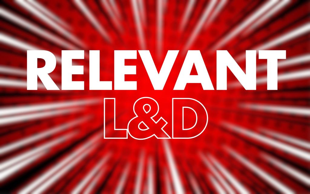 White text reading “RELEVANT L&D” on a red radial burst background with white and dark motion streaks.