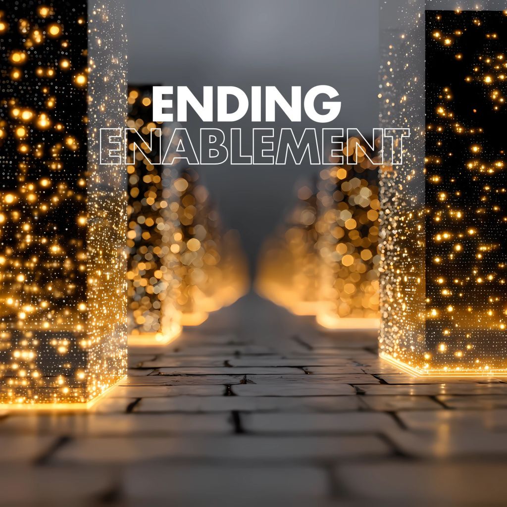 A stylised image of a tiled walkway stretching into the distance, flanked on both sides by tall rectangular columns filled with glowing golden lights and spark-like particles. The columns create a symmetrical corridor effect, with warm, bright illumination contrasting against darker black sections and a soft grey background. In the centre foreground, large bold white text reads "ENDING", with the word “ENABLEMENT” shown beneath it in a thinner, outlined font. The overall scene has a futuristic, high-contrast look with shimmering light effects and a sense of depth leading toward a softly blurred vanishing point.